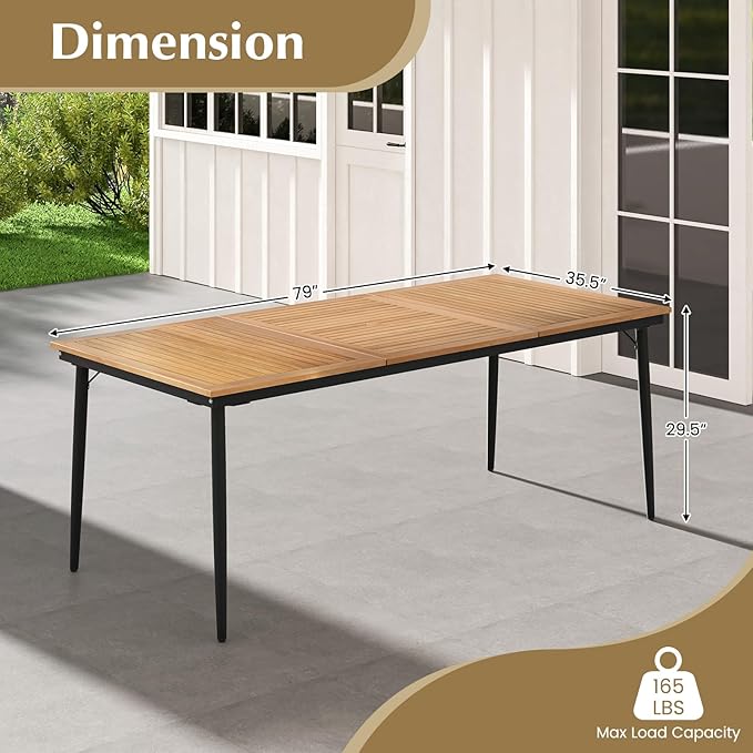 Tangkula 79" Acacia Wood Outdoor Dining Table for 8, Large Rectangular Patio Table with 1.9" Umbrella Hole, Metal Frame & Foot Pads, 8-Person Outside Table for Garden, Poolside & Backyard