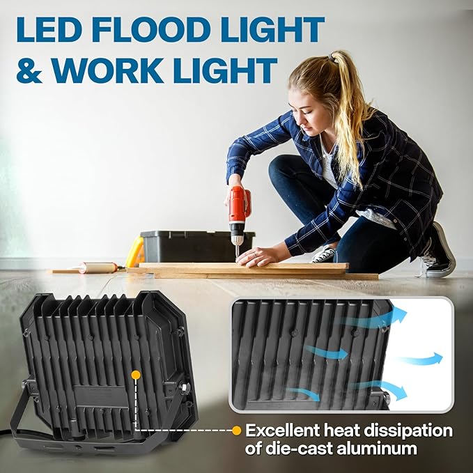6 Pack LED Flood Lights Outdoor, 100W 10000LM Super Bright Floodlight Outside Work Light with 5.9FT Plug, IP65 Waterproof 6000K Outdoor LED Flood Light for Garage, Yard, Lawn, Garden