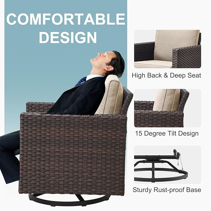 Belord 7 Piece Outdoor Furniture Patio Wicker Sofa Set, Oversize Outdoor Swivel Rocker Chairs with Rattan Ottomans, Conversation Sets Patio Furniture Come with Removable Washable Cushion Beige, Brown