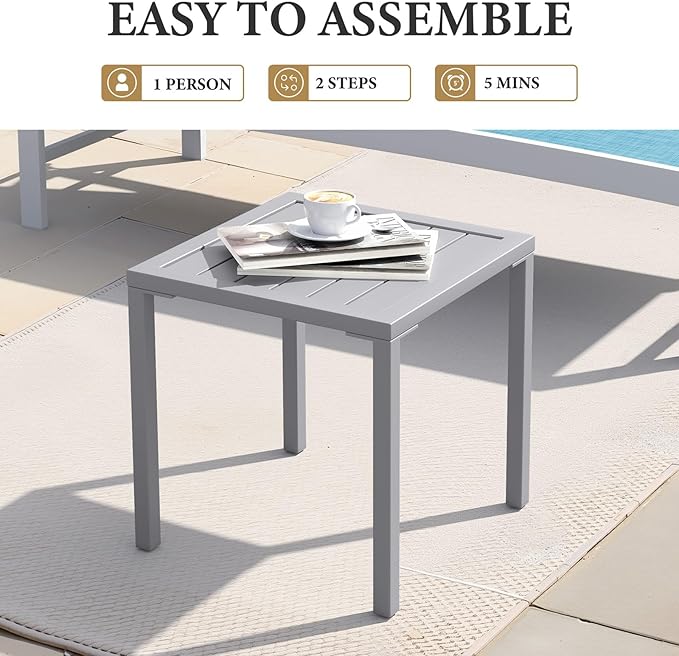 Crestlive Products Aluminum Outdoor Side Table, Pool Lounge Chair Side Table, Weather Resistant Small Square Coffee End Table for Patio, Yard, Garden, Porch, Deck, Indoor, Outdoor (Light Gray)