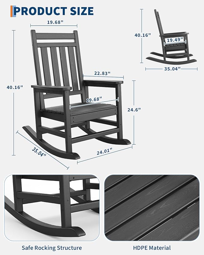 GarveeLife Poly Lumber Rocking Chair Outdoor Set of 4 - HDPE High Back Porch Rocker Chairs for Adults - All Weather Resistant Furniture for Patio - Black