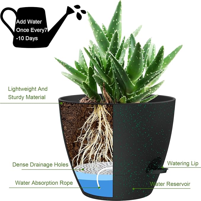 12 Inch Large Self Watering Pots, Flower Pots with Multi-Mesh Drainage Holes and Saucer, Planters for Indoor and Outdoor Garden Plants (Black with Green Speckles)