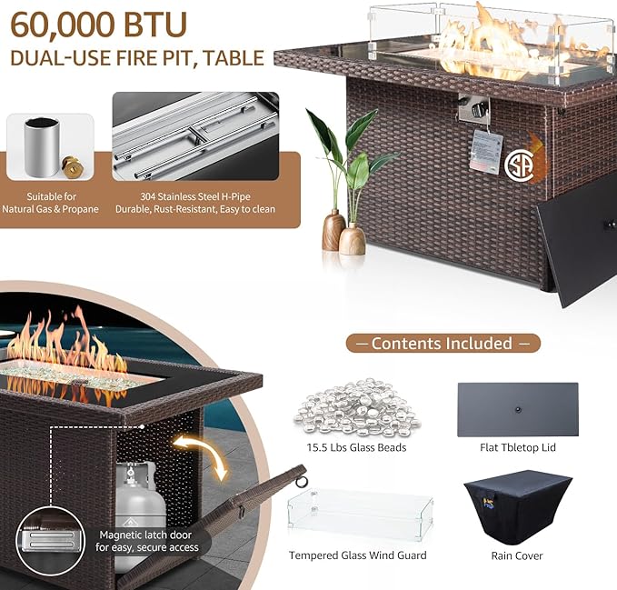 NICESOUL 6 Piece Patio Furniture Set with Firepit, 29.3'' High-Back Outdoor Sectional with Fireplace Natural Gas Propane Convertible, Comfy Deep Wide Seating Conversations for Outside, Brown