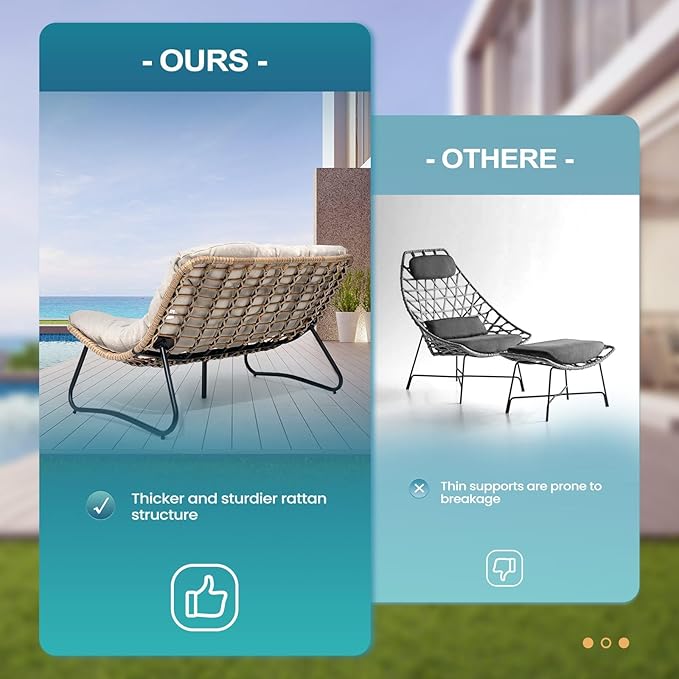 Crestlive Products Outdoor Loveseat 3PCS, Outdoor Sofa Set, All-Weather Boho Rattan Patio Furniture with Soft Cushion for Balcony, Poolside, Backyard (Without Table)