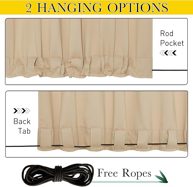 NICETOWN 2 Panels Outdoor Patio Curtains W100 x L84, Waterproof & Windproof Extra Wide Grommet & Back Tab on Top & Bottom Thermal Insulated Sun Blocking Drapes with Rope for Deck, Biscotti Beige
