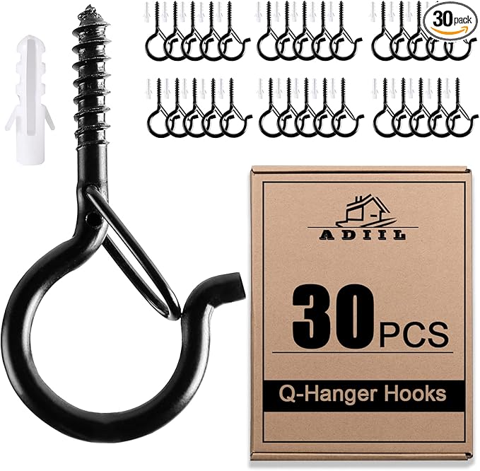 ADIIL 30 PCS Q Hanger Hooks with Safety Buckle, Windproof Screw Hooks for Hanging Outdoor String Lights, Plants, Christmas Patio Lights, 2.2 Inches, Black