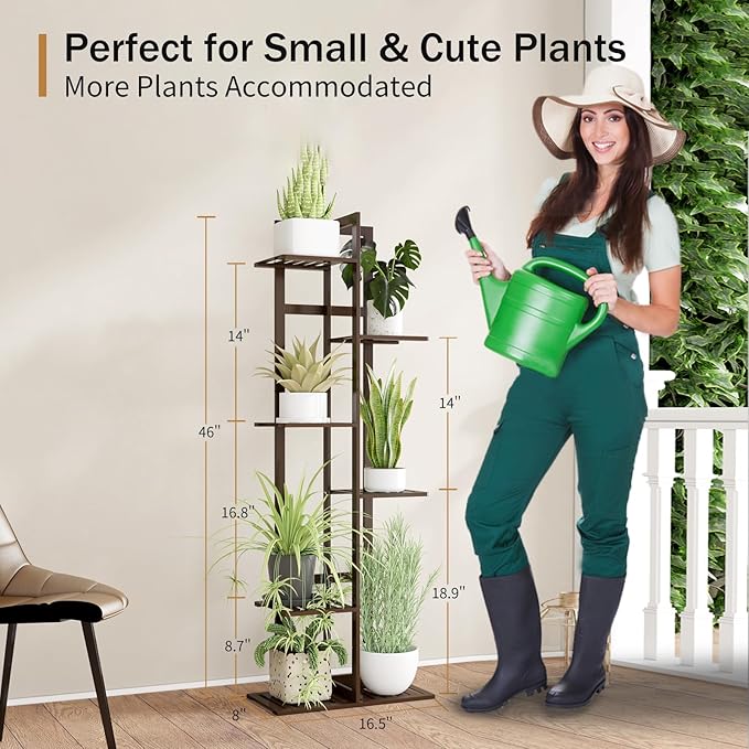 DolceLuna Plant Stand Indoor 6 Tier, Bamboo Plant Shelf Corner Display Rack, 46 Inch Tall Multiple Planter Pot Holder, Space-Saving Flower Stand for Living Room Balcony Garden Patio