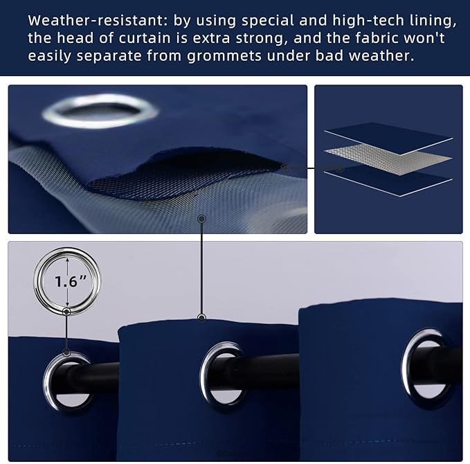Outdoor Indoor Curtains W52 x L72 for Patio - Weather-resistant Window Panels Privacy Protect Grommet Top Thermal Insulated Home Curtain for Porch Pergola Lawn Garden Hot Tub Area (2 Panels)