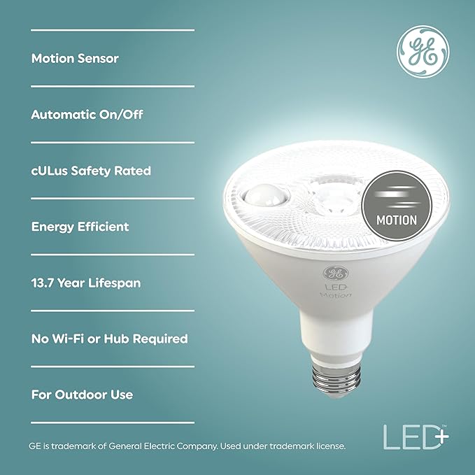 GE LED+ Motion Sensor LED Light Bulbs, 14W, PAR38 Outdoor Security Floodlights, Warm White, CAC (2 Pack)