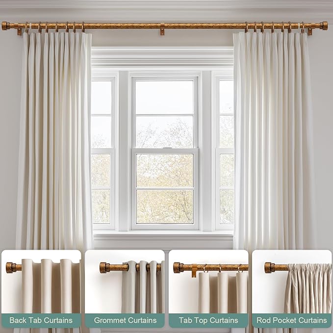 Retro Gold Curtain Rods for Windows 48 to 84 Inches Adjustable Length Heavy Duty 1" Diameter Window Curtain Rod with Decorative Finials for Outdoor Bedroom Kitchen Living Room Farmhouse