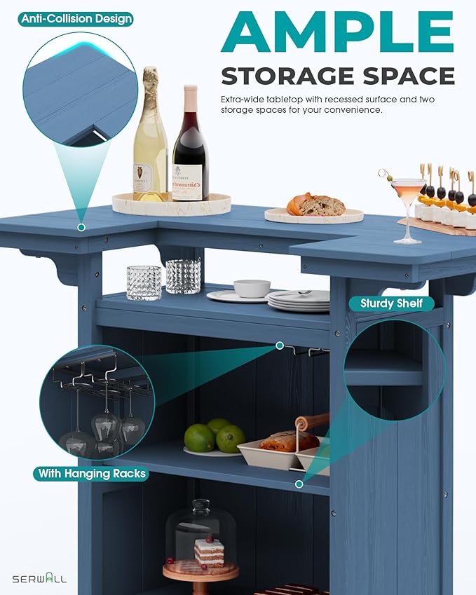 SERWALL Outdoor Bar Table,Patio Bar Cabinet with 4-Tier Storage and Spacious Tabletop for Outside,Poolside, Backyard,Made of HDPE,Blue