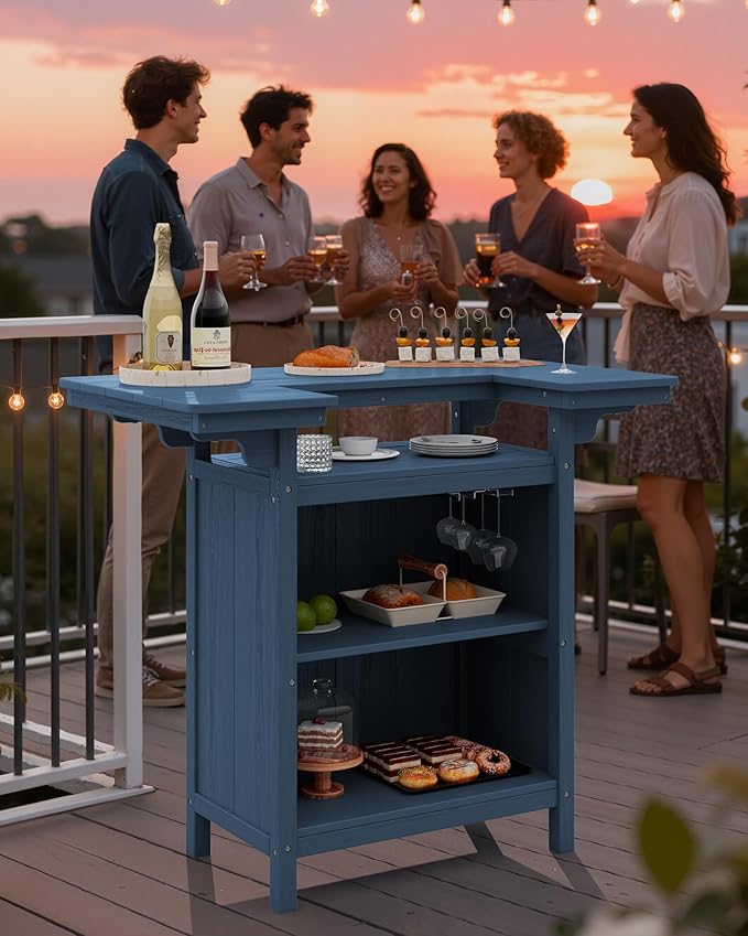 SERWALL Outdoor Bar Table,Patio Bar Cabinet with 4-Tier Storage and Spacious Tabletop for Outside,Poolside, Backyard,Made of HDPE,Blue