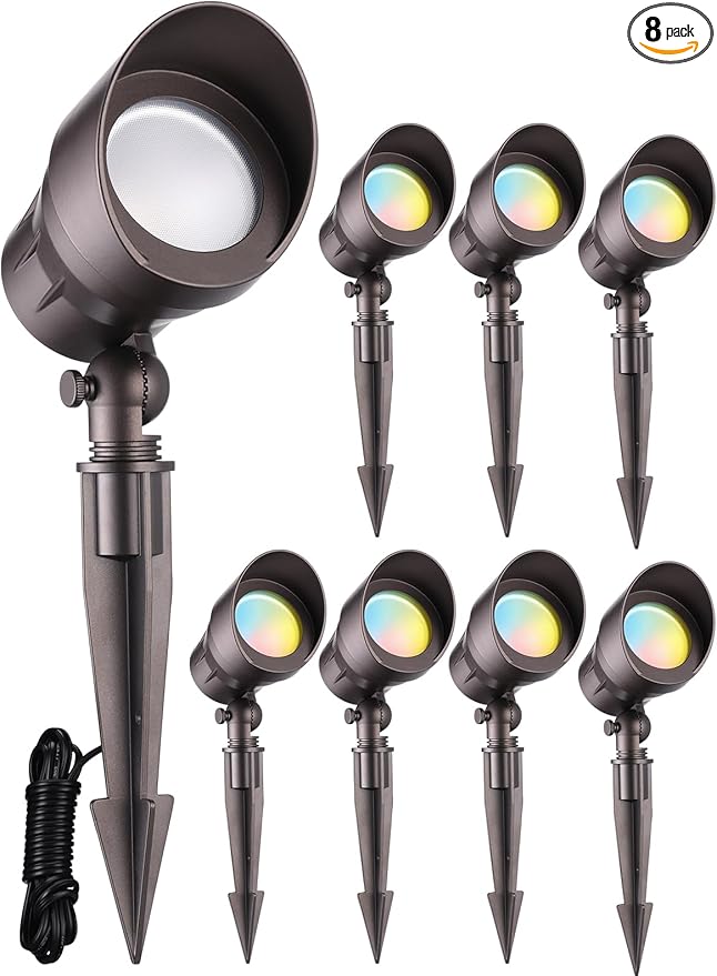 LEONLITE 8-Pack 5CCT Low Voltage LED Landscape Spotlight, Update 1800K2700K3000K4000K5000K Selectable, 5W 12V Pathway Lights Outdoor, CRI90, Aluminum Spot Lights for Yard, ETL Listed, IP65 Waterproof