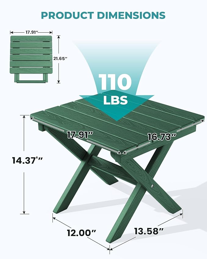 SERWALL Folding Outdoor Side Table Set of 6, Adirondack End Table, Green