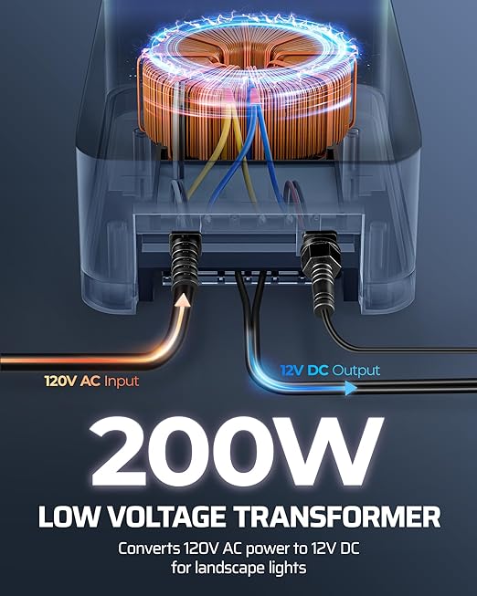 DEWENWILS 200W Low Voltage Landscape Transformer, 120V AC to 15V DC, Outdoor Landscape Lighting Transformer with Remote, Photocell Sensor & Timer, Weatherproof for Garden Spotlights Pathway Lights
