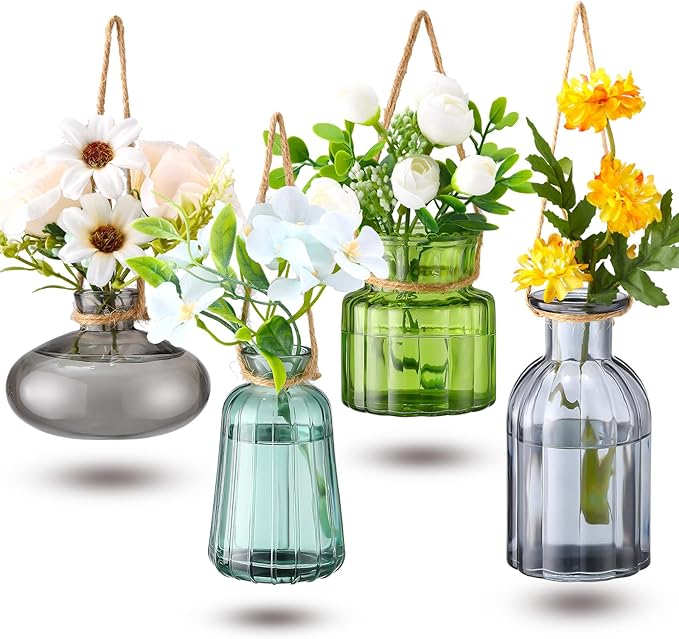 4 Pcs Stained Glass Hanging Vases Hanging Glass Planters Small Plant Terrarium Pot Containers with Rope for Garden Home Indoor Outdoor Decor, 4 Styles (Artsy)