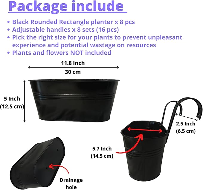LaLaGreen Rail Planter Outdoor Plants(11.8 Inch, 8 Pack) Black Metal Iron Hanging Flower Pots Deck Railings Fence Buckets Modern Countryside Boho Style Wall Mount Window Box Plant Holder Porch Decor