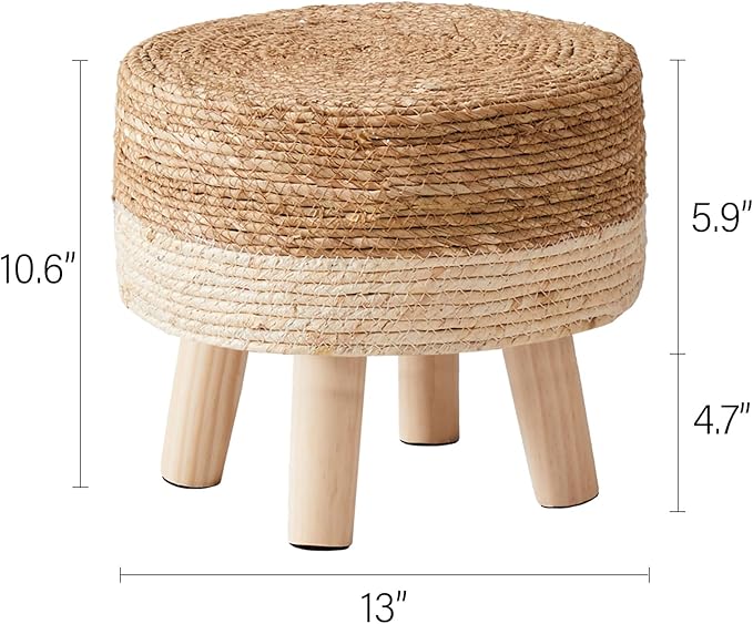 Cpintltr Foot Stool Natural Seagrass Hand Weave Poufs Round Ottoman for Couch Desk Soft Step Stool Padded Foot Rest with Non-Skid Pine Legs for Hallway Office Lounge Natural/White