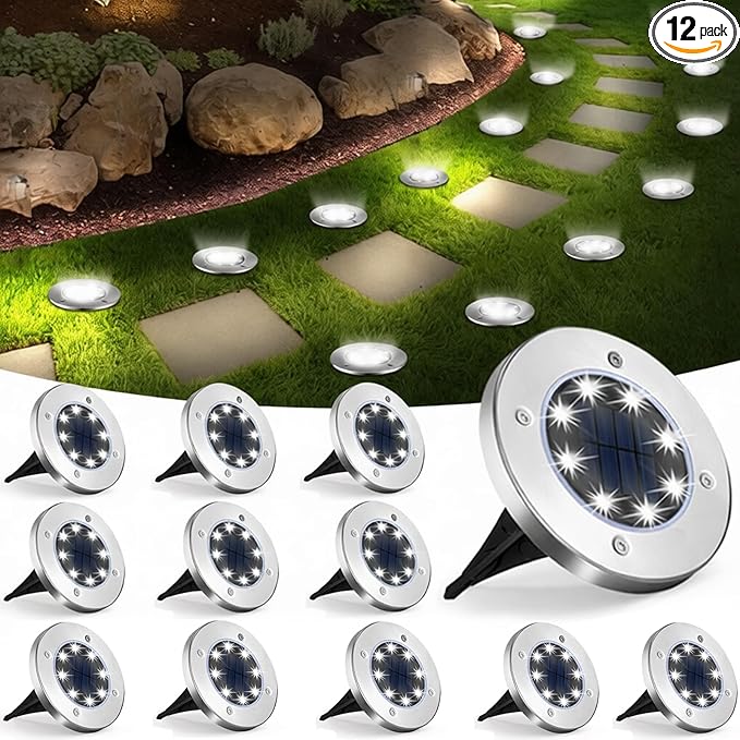 UFOND 12 Pack Solar Ground Lights，Outdoor Waterproof LED Gardenlight, Disklights for Lawn Pathway Yard Walkway Driveway Patio Deck, Solar Lights (Cold White)