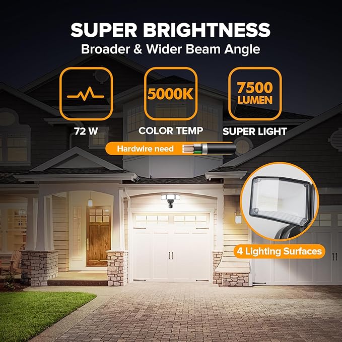 LUTEC 2 Pack 72W 7500LM LED Security Lights Motion Sensor Light Outdoor, 5000K Daylight, IP65 Waterproof, Dusk to Dawn, 3-Head Motion Detected Flood Light for Garage, Yard, Porch(Black)