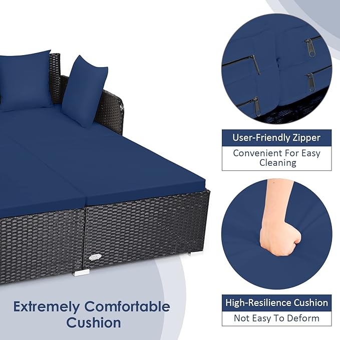 RELAX4LIFE Rattan Patio Outdoor Daybed, Wicker 2-Person Sunbed Loveseat with Soft Cushions, 4 Pillows, Curved Backrest & Armrest, Double Bed Lounger Sofa Set for Balcony Porch, Patio Bed (Navy)