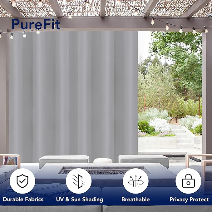 PureFit Outdoor Curtains for Patio Waterproof Weatherproof, UV Resistant Outside Curtains for Gazebo, Front Porch, Pergola, Sun Blocking Privacy Curtain, 100W x 95L inch, 1 Panel, Light Gray