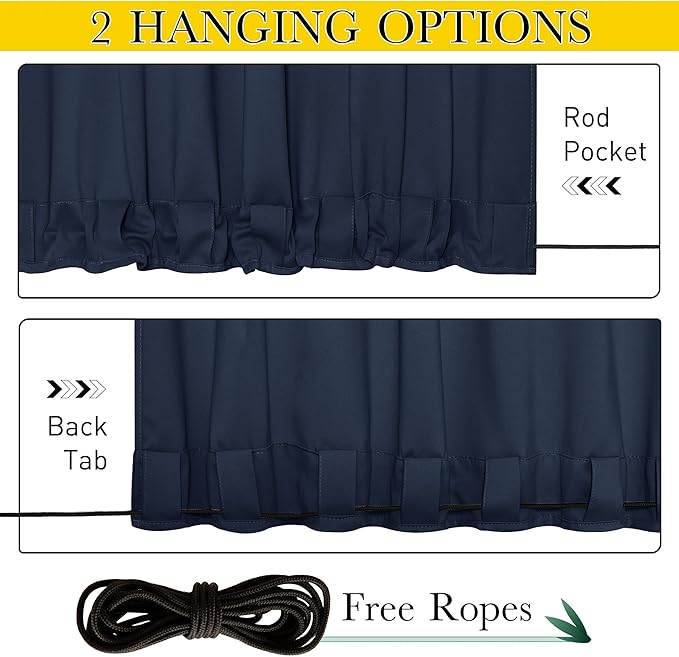 NICETOWN 2 Panels Outdoor Curtains for Patio Waterproof & Windproof, Extra Wide Grommet & Back Tab on Top & Bottom Thermal Insulated Sun Blocking Drapes with Rope for Deck, Navy Blue, W100 x L108