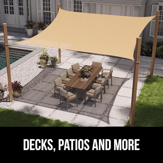 GORILLA GRIP Heavy Duty Sun Shade, UV Protection Fade Tear and Rust Resistant Rectangle Sunshade Canopy, Curved Edges Blocks Sunlight, Breathable Sail, Outdoor Patio, Lawn Garden, 16x16x16, Sand