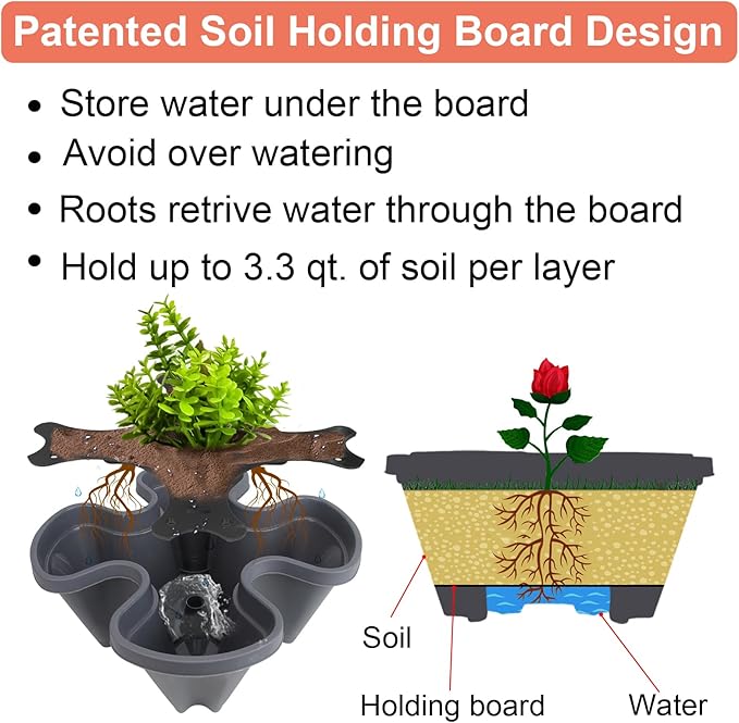 DUNCHATY Stackable Planter, Vertical Strawberry Planter with Garen Tool Set, Self Watering Garden Planter Indoor/Outdoor 7 Tier Herb Planter Pots for Growing Vegetables and Succulents, Dark Gray