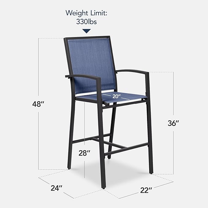 Best Choice Products Outdoor Bar Stools Set of 2, Bar Height, Patio Furniture, All Weather Mesh Design w/Armrest - Black/Navy