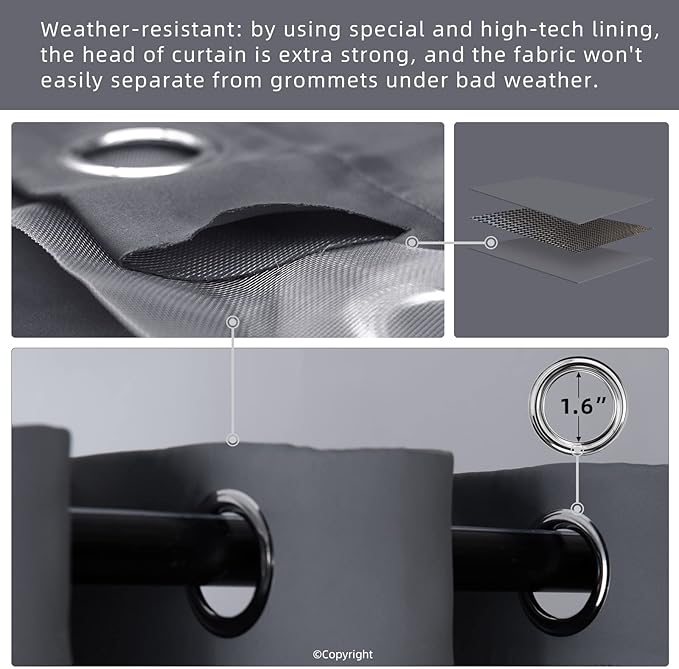 Water Proof Outside Curtains with Grommet Top for Porch, W52 x L72 Thermal Insulated Washable Light Block Outdoor Divider Drapes for Patio Gazebo Deck Pool Area Pergola Cabana (Gray, 2 Panels)
