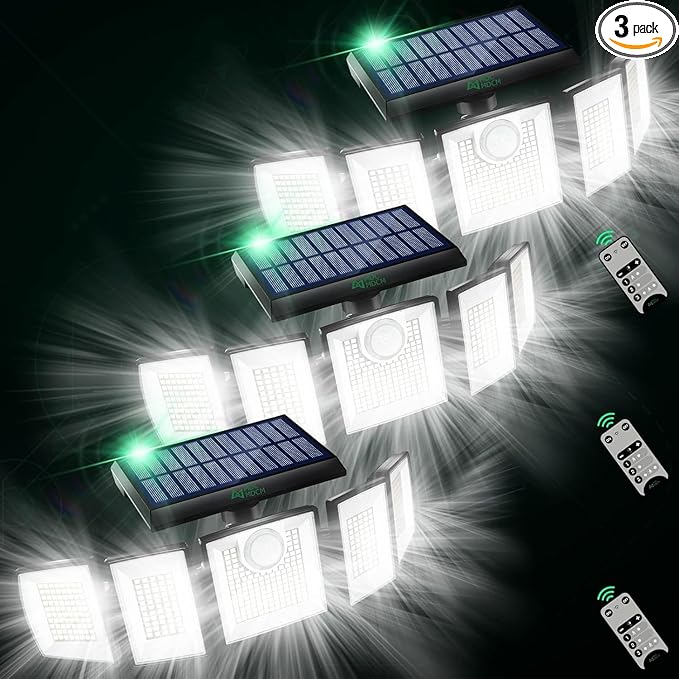 Solar Lights Outdoor Waterproof Motion Sensor - 416 LEDs 3000 Lumens Super Bright 3 Brightness 3 Modes 2400mAh 360° Illumination 32ft Solar Flood Security Light for Outside (‎With Remote Control, 3)