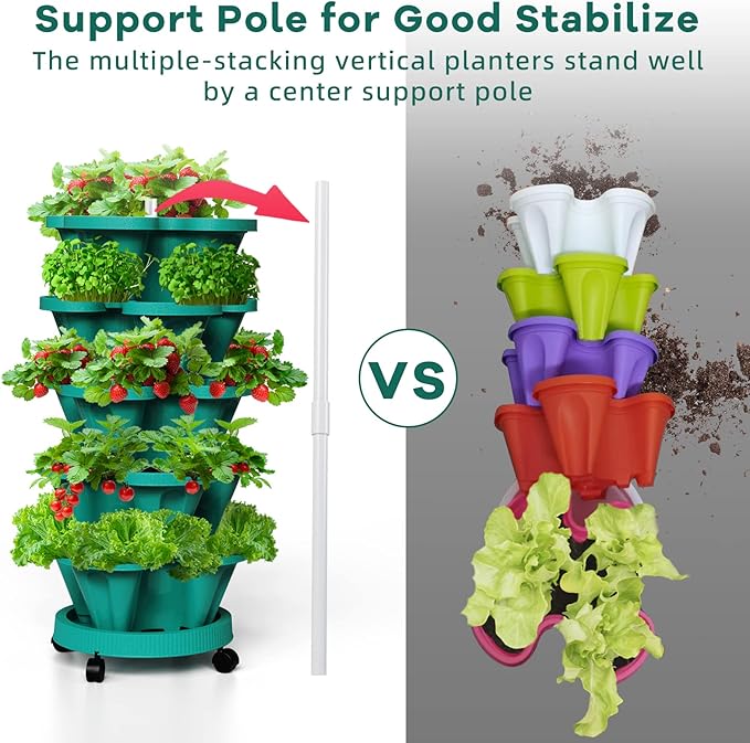 Strawberry Vertical Planters Tower Garden, 7 Tiered Stacking Herb Vegetable Planter with Support Pole Indoor and Outdoor - Hunter Green