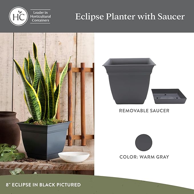 The HC Companies 12 Inch Eclipse Square Planter Pots with Drainage Holes & Attached Saucer, Lightweight UV-Resistant Plastic Indoor Outdoor Planters, 2-Pack Flower Pots, Garden Home Decor, Warm Gray