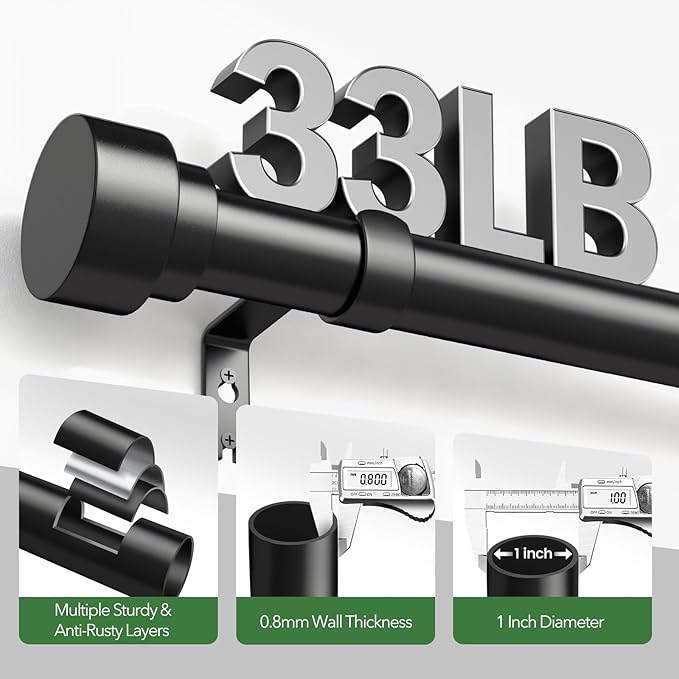 Time Forest Black Curtain Rods for Windows 48 to 84 Inch (4-7 Feet), 1 Inch Diameter Adjustable Heavy Duty Curtain Rod, Modern Style Indoor Outdoor Window Drapery Rods with End Caps, Size 32"- 90"