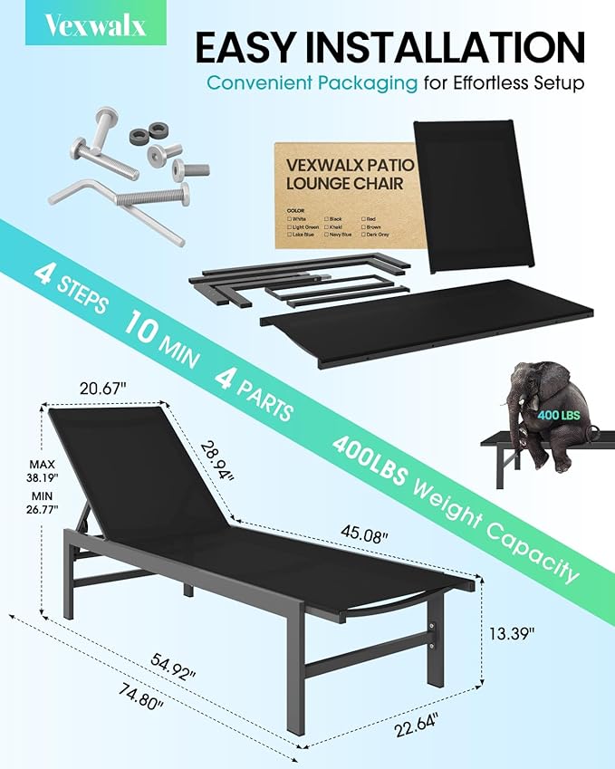 Outdoor Lounge Chairs Set of 2, Aluminum Patio Chaise Lounge Chairs with 5-Position Recliner, Pool Lounge Chairs for Backyard, Poolside, Deck, Lawn (Black)