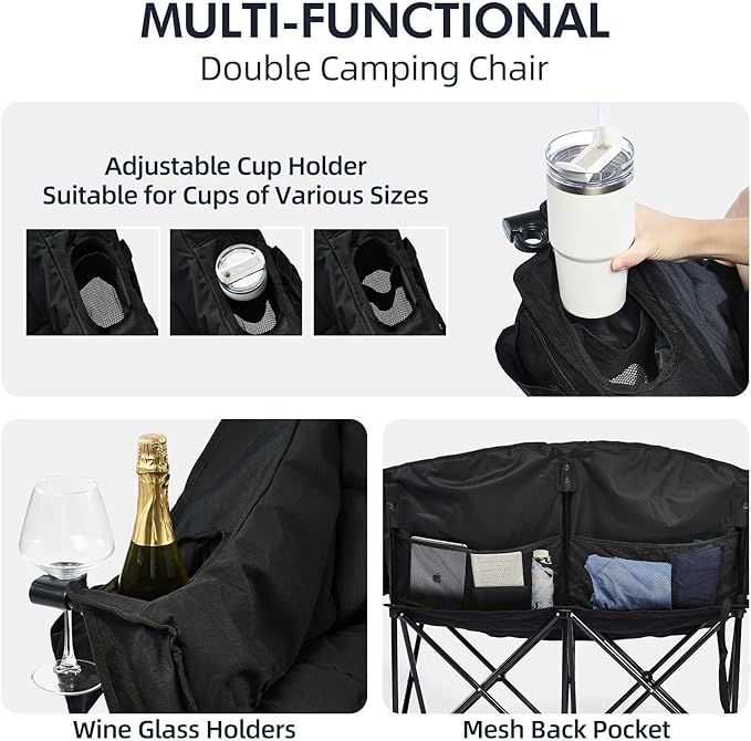 Double Camping Chair Padded Loveseat Chair for 2 Person - Heavy Duty Oversized Camping Couch for Adults Outdoor Sports Lawn Beach Portable Folding XL Chairs with Cup Holders and Carry Bag, All Black