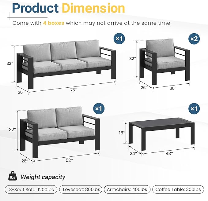 Solaste Aluminum Patio Furniture Set for All Weather, Oversized Metal Outdoor Furniture Set with 27.5" Deep Seating and 3.2" Wide Armrest, Patio Conversation Set with 10’’ Back Cushion, Black and Grey