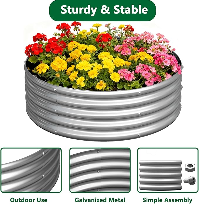 zizin 2 Pcs Round 3x3x1ft Raised Garden Bed Kit Metal Planter Box for Planting Vegetables, Silver