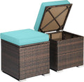 RELAX4LIFE Wicker Outdoor Storage Ottoman, 2-Piece Rattan Footstool w/Removable Cushion, Multipurpose Footrest Stool Side Table Additional Seating, Set of 2 Outdoor Ottomans for Patio Deck (Turquoise)