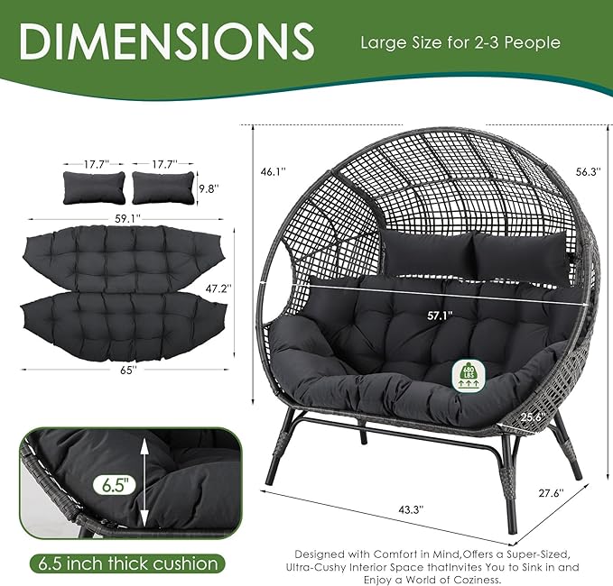NICESOUL® Double Egg Chair Indoor Outdoor Stationary Oversized 6.5" Thick Padded Cushions,2 Person Wicker Egg Loveseat Chair,680 lbs Extra Wide Lounge Chair for Patio Balcony Porch Gray with Cover