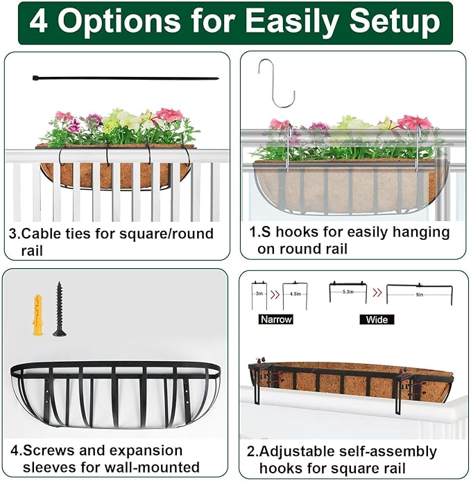 2 Pack 36" Railing Planter Window Box with Coco Fiber Liner Horse Trough Planter The Railing Planter Boxes for Deck Porch Fence Outdoor
