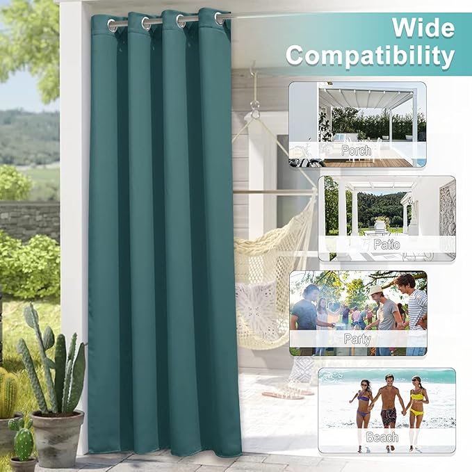 NICETOWN Waterproof Outdoor Patio Curtain W84 x L120, Rustproof Grommet Blackout Weighted Outdoor Window Treatment Thermal Insulated Sunlight Block Drape for Porch, Teal, 1 Piece