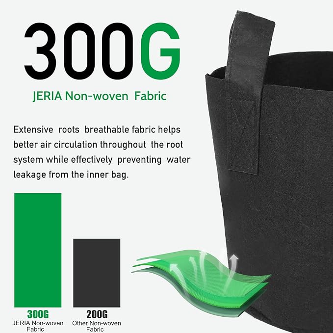 JERIA 12-Pack 3 Gallon Grow Bags, 300G Thickened Nonwoven Garden Pots,Heavy Duty Fabric Pots with Reinforced Handles