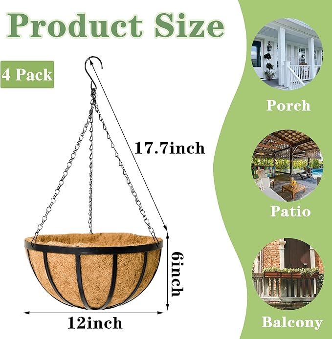 Black Flat Iron Metal Hanging Planter Basket with Coco Coir Liner(4 Pack, 12 Inch) Hanging Planters for Outdoor Plants Round Plant Flower Pots Hanging Flower Basket for Outdoor Patio Garden Decoration