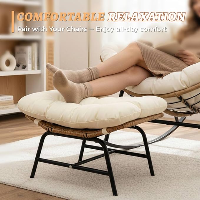 NICESOUL Indoor Outdoor Ottoman Set of 2, Large Wide Double Patio Footstool, PE Rattan Thicken Cushioned Footrest, All-Weather Wicker Furniture for Balcony, Porch, Living Room, Egg Chair, Beige
