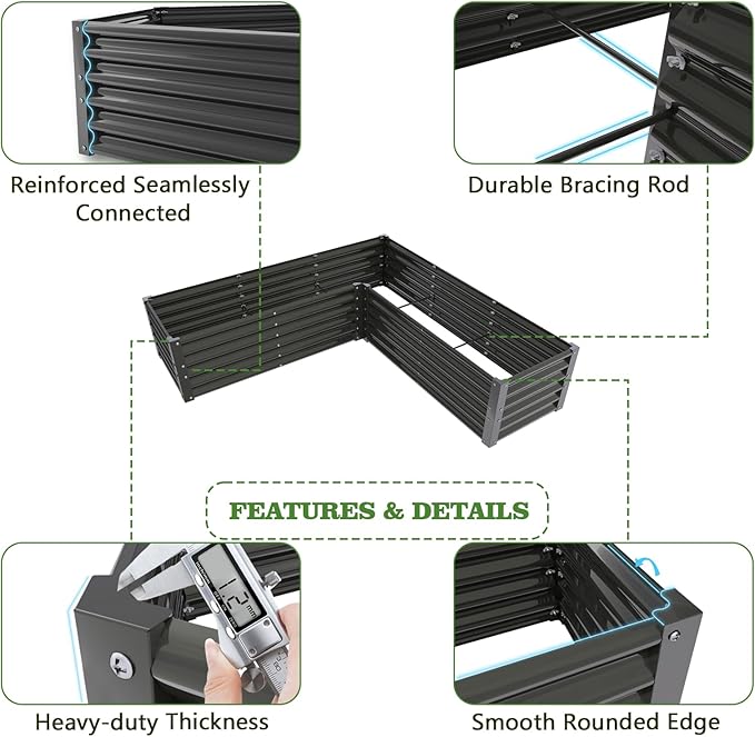 A ANLEOLIFE Set of 8,18 Inch Tall Quartz Grey Raised Garden Beds Kit, L-Shaped & Square Metal Planters –Ideal for Structured Backyard Layouts.