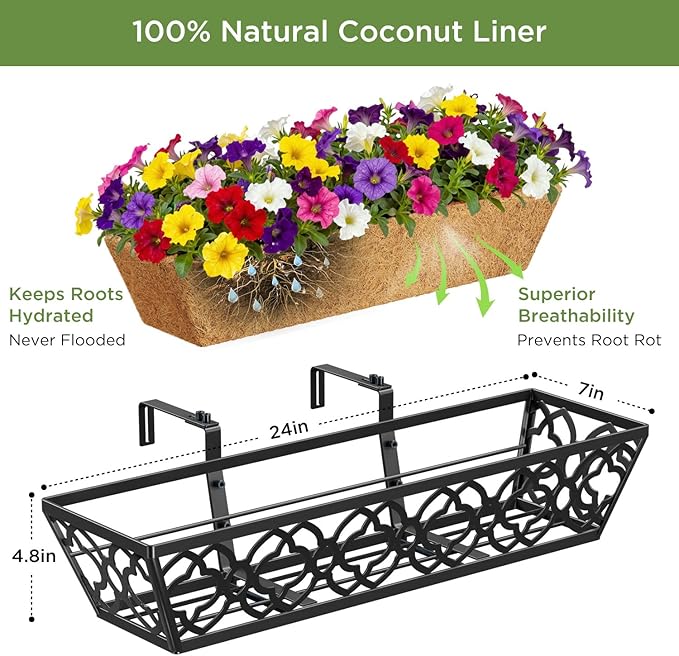 Y&M 24-Inch Window Planter Box 2Pcs Iron Deck Railing With Coco Liner, Metal Horse Troughs for Outdoor Balcony Rail Fence Porch Patio
