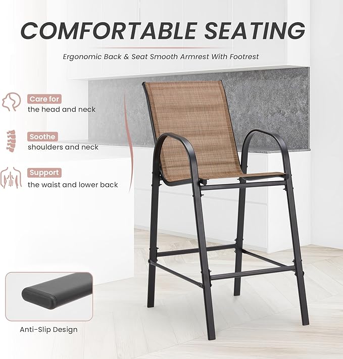 HOMREST Outdoor Bar Height Stools Set of 4,High Back Patio Chairs with Armrests,Textilene Chairs with Breathable Fabric & Metal Frame for All Weather,Brown