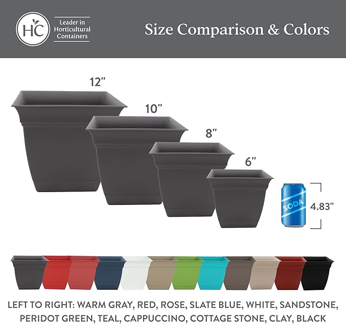 The HC Companies 6 Inch Eclipse Square Planter Pots with Drainage Holes & Attached Saucer, Lightweight UV-Resistant Plastic Indoor Outdoor Planters, 4-Pack Flower Pots for Garden & Home Decor, White